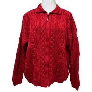 Aran Crafts Ireland Cable Knit Wool Zip Cardigan, Red, S/M